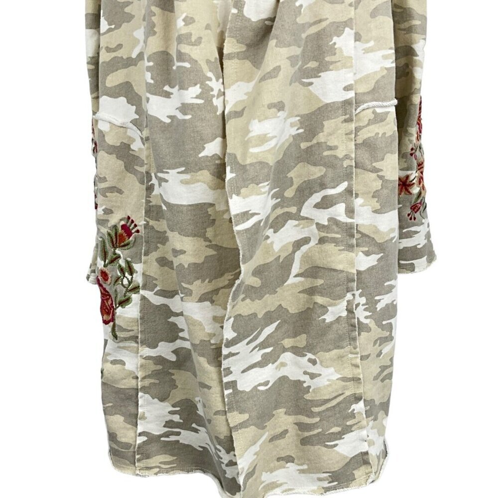 Athleta Caite Size XS Hooded Duster Beige Gray Camo Floral Embroidery Open Front - Picture 3 of 11